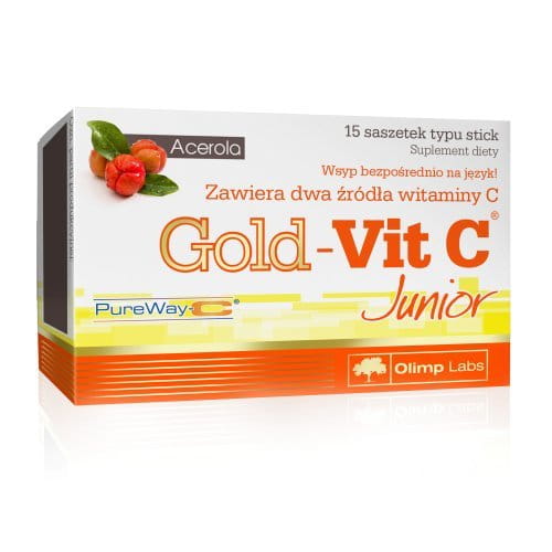 Gold-Vit C Junior - 15 sachets - is a dietary supplement in powder form with a delicious raspberry flavour, intended for direct consumption