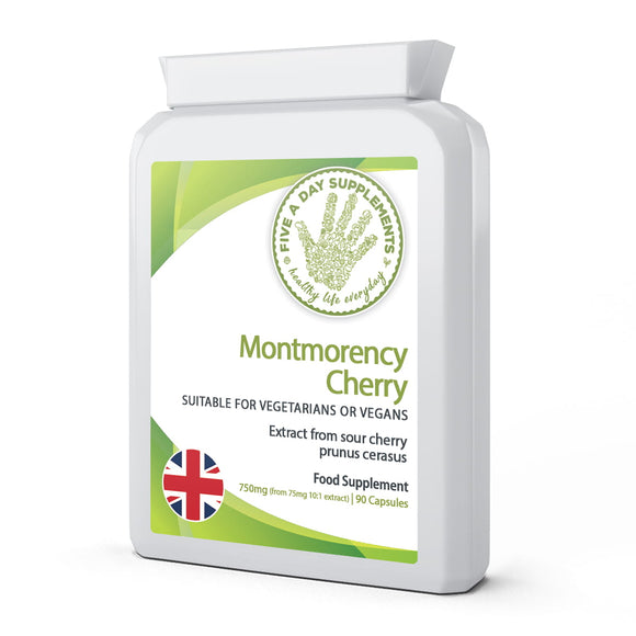 FIVE A DAY SUPPLEMENTS Montmorency Cherry 750mg 90 Capsules - Extract from Sour Cherry Prunus cerasus - Suitable for Vegetarians and Vegans