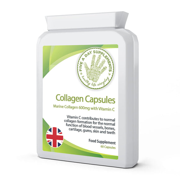 FIVE A DAY SUPPLEMENTS Marine Collagen Supplement - 60 Capsules x 600mg with Vitamin C For The Normal Function Of Blood  vessels, bones, cartilage, gums, skin and teeth
