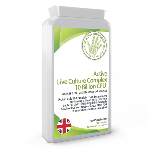 FIVE A DAY SUPPLEMENTS Active Live Culture Complex 10 Billion CFU 120 Capsules - Probio Cult-10 Complete Food Supplement - Suitable for Vegetarian and Vegans