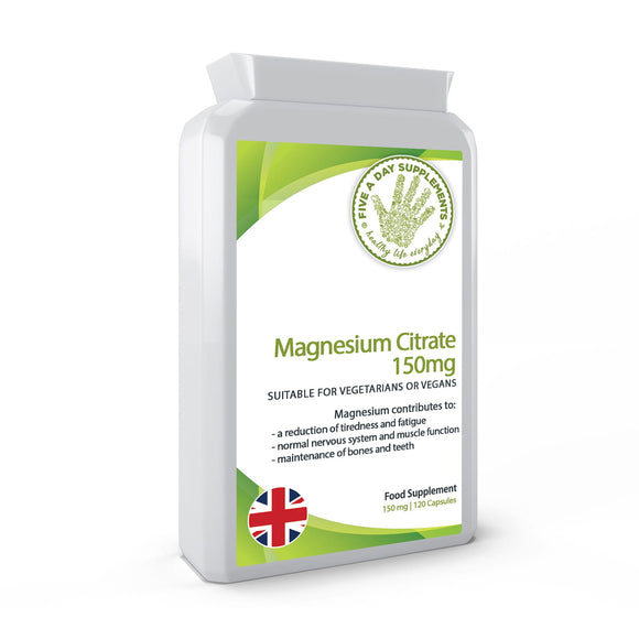 FIVE A DAY SUPPLEMENTS Magnesium Citrate - 120 Capsules - Providing 150mg of Active Elemental Magnesium - Suitable for Vegetarian and Vegans