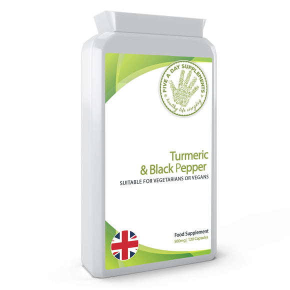 FIVE A DAY SUPPLEMENTS Turmeric 500 mg And Black Pepper 120 Capsules - Suitable for Vegetarian and Vegans