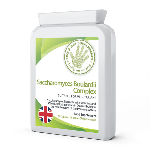 FIVE A DAY SUPPLEMENTS Saccharomyces Boulardii Complex 5 Billion CFU per capsule - 90 Capsules - Probiotic - Added Olive Leaf Extract, Vitamin D3 And Biotin - Suitable for Vegetarian