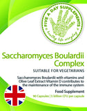 FIVE A DAY SUPPLEMENTS Saccharomyces Boulardii Complex 5 Billion CFU per capsule - 90 Capsules - Probiotic - Added Olive Leaf Extract, Vitamin D3 And Biotin - Suitable for Vegetarian