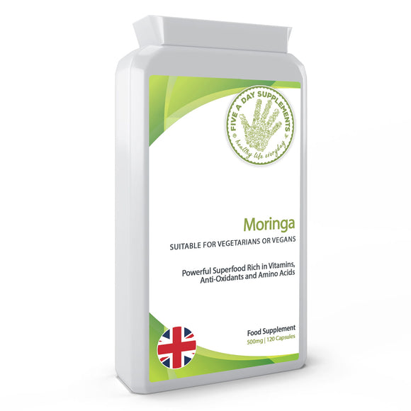 FIVE A DAY SUPPLEMENTS Moringa 500mg - 120 Capsules - Superfood, Rich in Essential Vitamins, Minerals and Amino Acids - Suitable for Vegetarians and Vegans