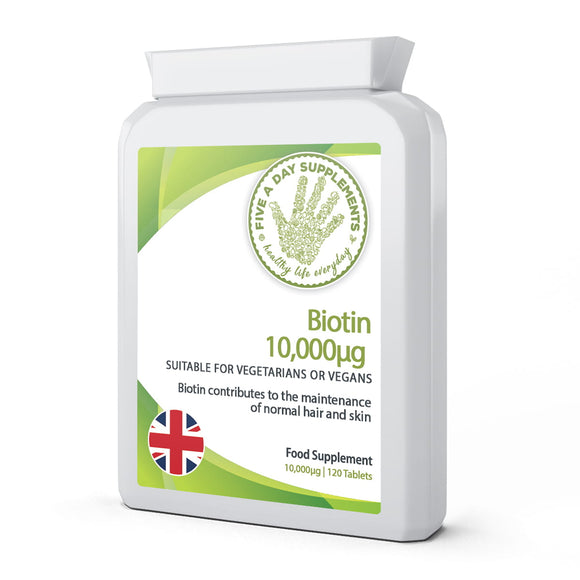 FIVE A DAY SUPPLEMENTS Biotin 10.000µg Supplement - 120 Tablets  - Suitable for Vegetarians and Vegans