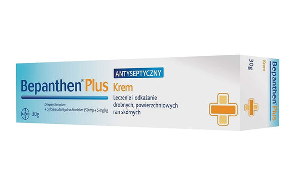BEPANTHEN PLUS Cream 30g tube - 5% Dex-Panthenolum 0.5% Chlorhexidini Dihydrochloridum Skin Health Support Treatment - For infection of wounds such as abrasions, cuts, cracks, fissures, burns and skin irritations...