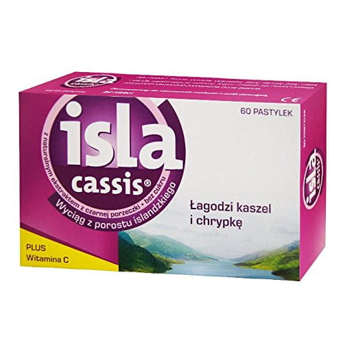 ISLA CASSIS - 60 lozenges soothing cough and hoarseness with a natural extract of black currant, and vitamin C. It contains no sugar. The product is intended for both adults and children